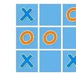 파란색 배경의 3x3 격자에 파란색 X와 주황색 O 모양이 배치되어 있습니다