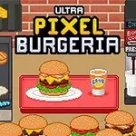 픽셀 스타일의 주방에서 햄버거와 음료가 쟁반에 놓여 있으며, 배경에 음료 기계와 음식 재료가 보입니다