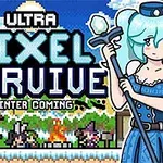 픽셀 스타일의 겨울 테마 배경 앞에 파란 드레스를 입고 지팡이를 든 여성 캐릭터가 있는 이미지