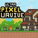 픽셀 아트 스타일의 풍경에서 집과 나무, 모닥불, 양동이, 그리고 돼지가 있는 모습