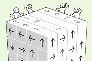 큰 큐브 위에 방향 화살표가 그려져 있고, 네 명의 간단한 캐릭터가 큐브의 각 모서리에 선 모습