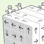 큰 큐브 위에 방향 화살표가 그려져 있고, 네 명의 간단한 캐릭터가 큐브의 각 모서리에 선 모습