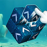 손이 파란색 화살표 큐브 퍼즐을 가리키고 있는 이미지