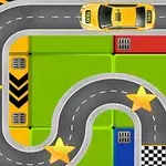 노란 택시가 스타(별) 아이콘과 체크무늬 결승선을 지나며 곡선 도로를 주행하고 있다