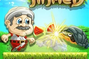 수염 난 남자 캐릭터가 거북이와 수박을 배경으로 초원을 걷는 모습