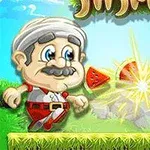 수염 난 남자 캐릭터가 거북이와 수박을 배경으로 초원을 걷는 모습