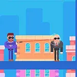 파란색 배경에 건물 앞에서 선글라스를 낀 두 캐릭터, 한 명이 총을 겨누고 있는 모습