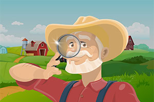 배경에 농장이 있는 곳에서 돋보기를 들고 있는 중절모를 쓴 농부의 그림