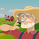 배경에 농장이 있는 곳에서 돋보기를 들고 있는 중절모를 쓴 농부의 그림