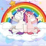 두 유니콘이 구름 위에 앉아 무지개를 배경으로 별을 들고 있는 그림입니다