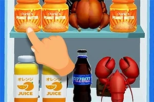 손가락이 땅콩버터를 가리키고 있는 냉장고 선반에 땅콩버터, 주스, 탄산음료, 바닷가재가 놓여 있습니다