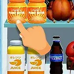 손가락이 땅콩버터를 가리키고 있는 냉장고 선반에 땅콩버터, 주스, 탄산음료, 바닷가재가 놓여 있습니다