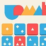 색색의 기하학적 패턴과 심볼이 있는 네모난 타일들이 배열되어 있습니다