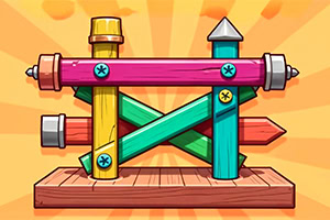 다양한 색상의 기둥과 나사가 나무 바닥에 교차되어 있는 구조물