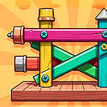 다양한 색상의 기둥과 나사가 나무 바닥에 교차되어 있는 구조물