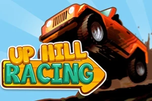 붉은색 지프가 가파른 언덕을 오르는 모습과 “UP HILL RACING”이라는 텍스트