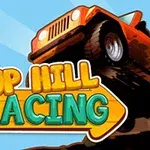 붉은색 지프가 가파른 언덕을 오르는 모습과 “UP HILL RACING”이라는 텍스트