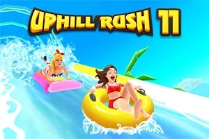 두 여성이 물놀이 튜브를 타고 파도풀을 즐기는 모습과 함께 Uphill Rush 11 텍스트가 상단에 표시되어 있습니다