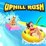 두 여성이 물놀이 튜브를 타고 파도풀을 즐기는 모습과 함께 Uphill Rush 11 텍스트가 상단에 표시되어 있습니다