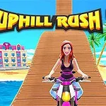 오토바이를 타고 나무 경사로를 오르는 여성 캐릭터가 있는 바다 배경의 이미지