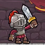 갑옷을 입고 검을 든 기사 캐릭터가 벽 앞에 서 있는 모습