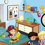 아이들이 장난감을 가지고 노는 방 안에 있는 다양한 물건들과 장식들