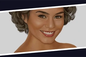 짙은 흑갈색 머리를 한 웃고 있는 여성의 초상화