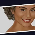 짙은 흑갈색 머리를 한 웃고 있는 여성의 초상화