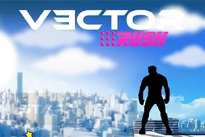 파란 하늘과 구름을 배경으로 도시 위에 서 있는 사람의 실루엣과 VECTOR RUSH라는 텍스트