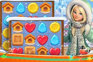 담요를 두른 소녀가 있고, 눈 덮인 퍼즐 판에 새집, 하트, 물방울 모양의 아이템들이 배치되어 있습니다