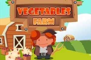 농장을 배경으로 서 있는 농부와 돼지, 그리고 나무 간판에 VEGETABLES FARM이라고 적힌 이미지