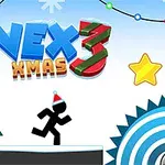 크리스마스 장식이 있는 겨울 배경에서 산타 모자를 쓴 검은색 스틱맨이 점프하고 있는 모습