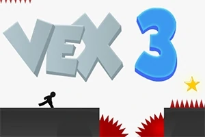 VEX 3라는 큰 텍스트와 검은 막대기 위에 서 있는 작은 검은색 사람 모양의 실루엣, 빨간 가시, 노란 별이 있는 장면