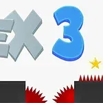 VEX 3라는 큰 텍스트와 검은 막대기 위에 서 있는 작은 검은색 사람 모양의 실루엣, 빨간 가시, 노란 별이 있는 장면