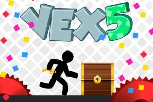 검은 스틱맨이 열쇠를 들고 자물쇠가 있는 상자 앞에 서 있으며, 배경에는 다양한 색의 사각형과 톱니바퀴가 있다