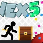 검은 스틱맨이 열쇠를 들고 자물쇠가 있는 상자 앞에 서 있으며, 배경에는 다양한 색의 사각형과 톱니바퀴가 있다