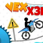 검은색 실루엣의 인물이 오토바이를 타고 체인 길 위를 달리며 노란색 경고 표지판과 빨간 가시 장애물이 있는 장면