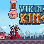 픽셀 아트 스타일의 바이킹 전사와 거대한 손, 게임 제목이 있는 장면