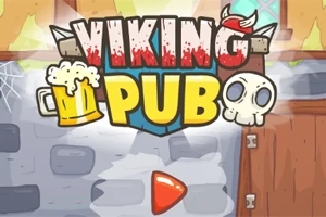 만화 스타일의 술잔과 해골 아이콘이 포함된 Viking Pub 텍스트와 빨간색 재생 버튼이 있는 이미지