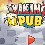 만화 스타일의 술잔과 해골 아이콘이 포함된 Viking Pub 텍스트와 빨간색 재생 버튼이 있는 이미지