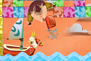 용 모양의 배가 있는 바다 위로 벽돌벽을 배경으로 한 사람이 물을 쏟는 장면