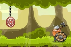 바이킹 복장을 한 캐릭터가 도끼와 방패를 들고 숲속에서 표적을 바라보고 있는 장면