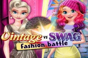 두 여성 캐릭터가 각각 빈티지와 스웩 스타일로 옷을 입고 있으며, vintage vs swag fashion battle라는 텍스트가 중앙에 있음