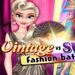 두 여성 캐릭터가 각각 빈티지와 스웩 스타일로 옷을 입고 있으며, vintage vs swag fashion battle라는 텍스트가 중앙에 있음