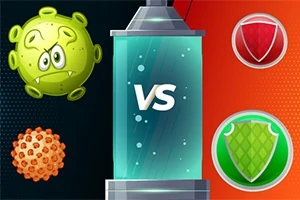 녹색 바이러스와 방패 아이콘이 중앙의 VS 텍스트를 기준으로 대립하고 있는 이미지