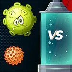 녹색 바이러스와 방패 아이콘이 중앙의 VS 텍스트를 기준으로 대립하고 있는 이미지