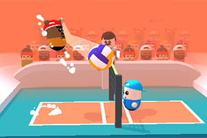 두 캐릭터가 배구 네트 앞에서 공을 날리는 장면과 관중의 모습