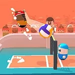 두 캐릭터가 배구 네트 앞에서 공을 날리는 장면과 관중의 모습