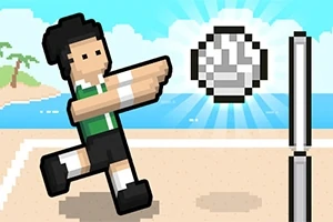 픽셀 아트 스타일의 사람이 해변에서 배구공을 치고 있는 장면