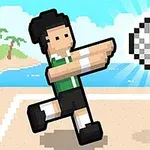 픽셀 아트 스타일의 사람이 해변에서 배구공을 치고 있는 장면